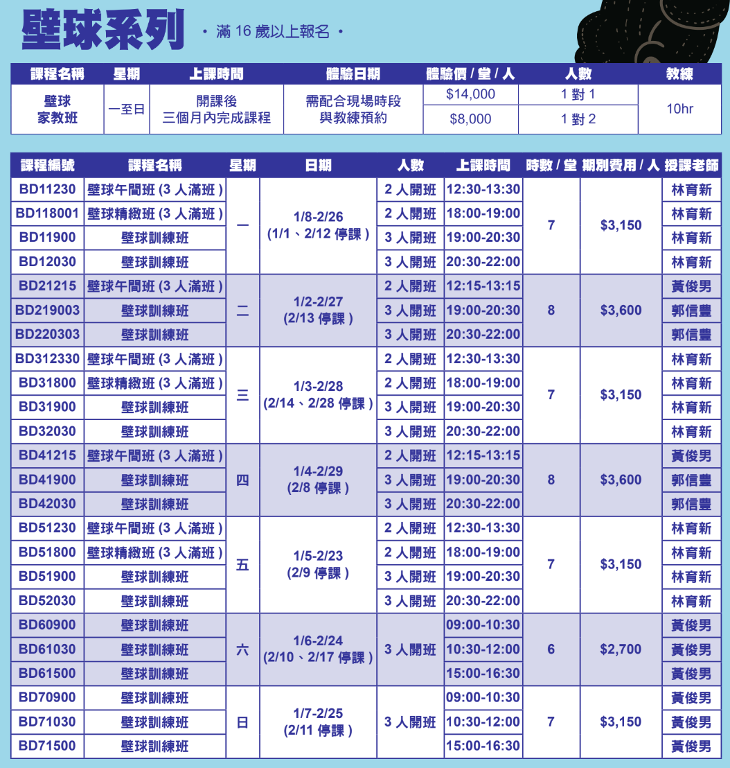 大安運動中心1月至2月壁球課程