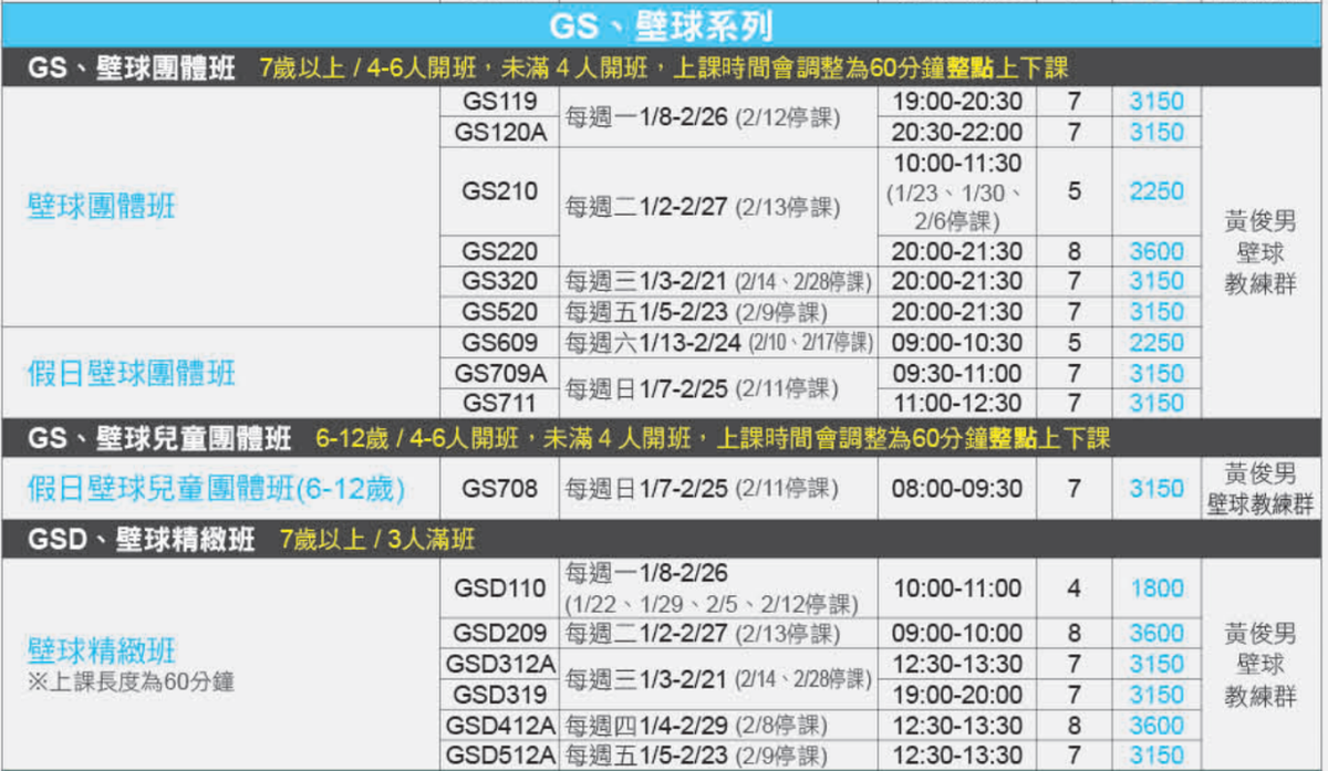 林口國民運動中心1月至2月壁球課程