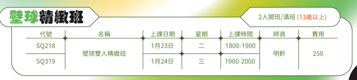 大里國民暨兒童運動中心1月壁球體驗班