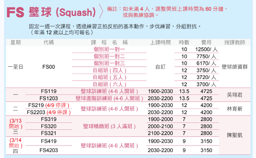 永和國民運動中心3月至4月壁球課程