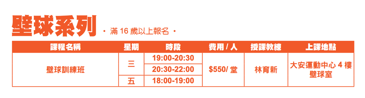 大安運動中心4月壁球體驗課