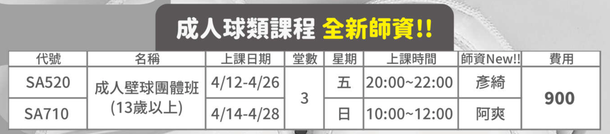 大里國民暨兒童運動中心4月單月課程