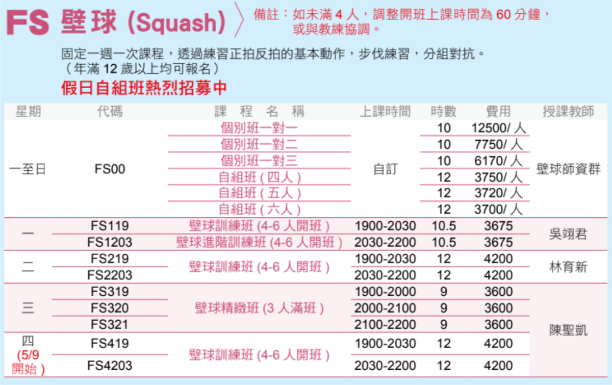 永和國民運動中心5月至6月壁球課程