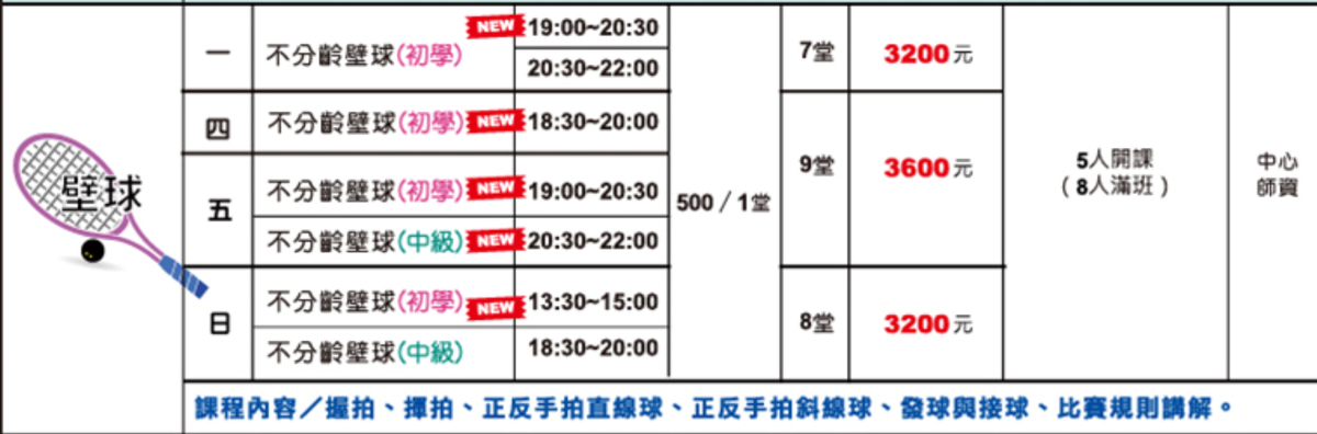 泰山國民運動中心5月至6月壁球課程