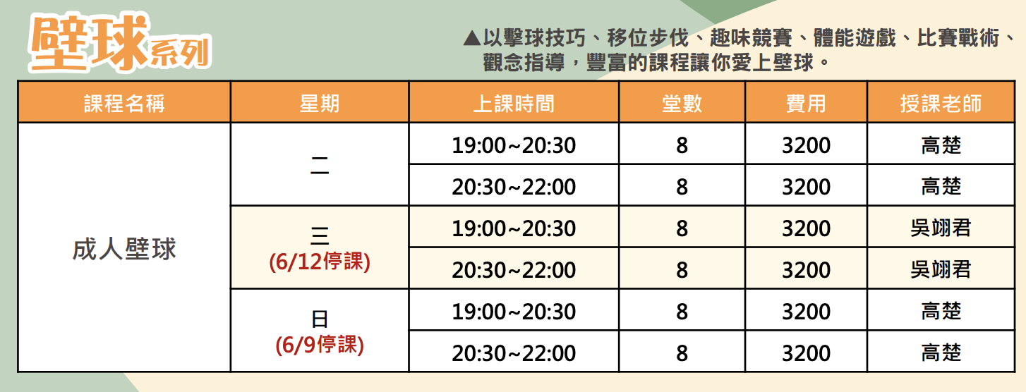 三鶯國民運動中心5月至6月壁球課程