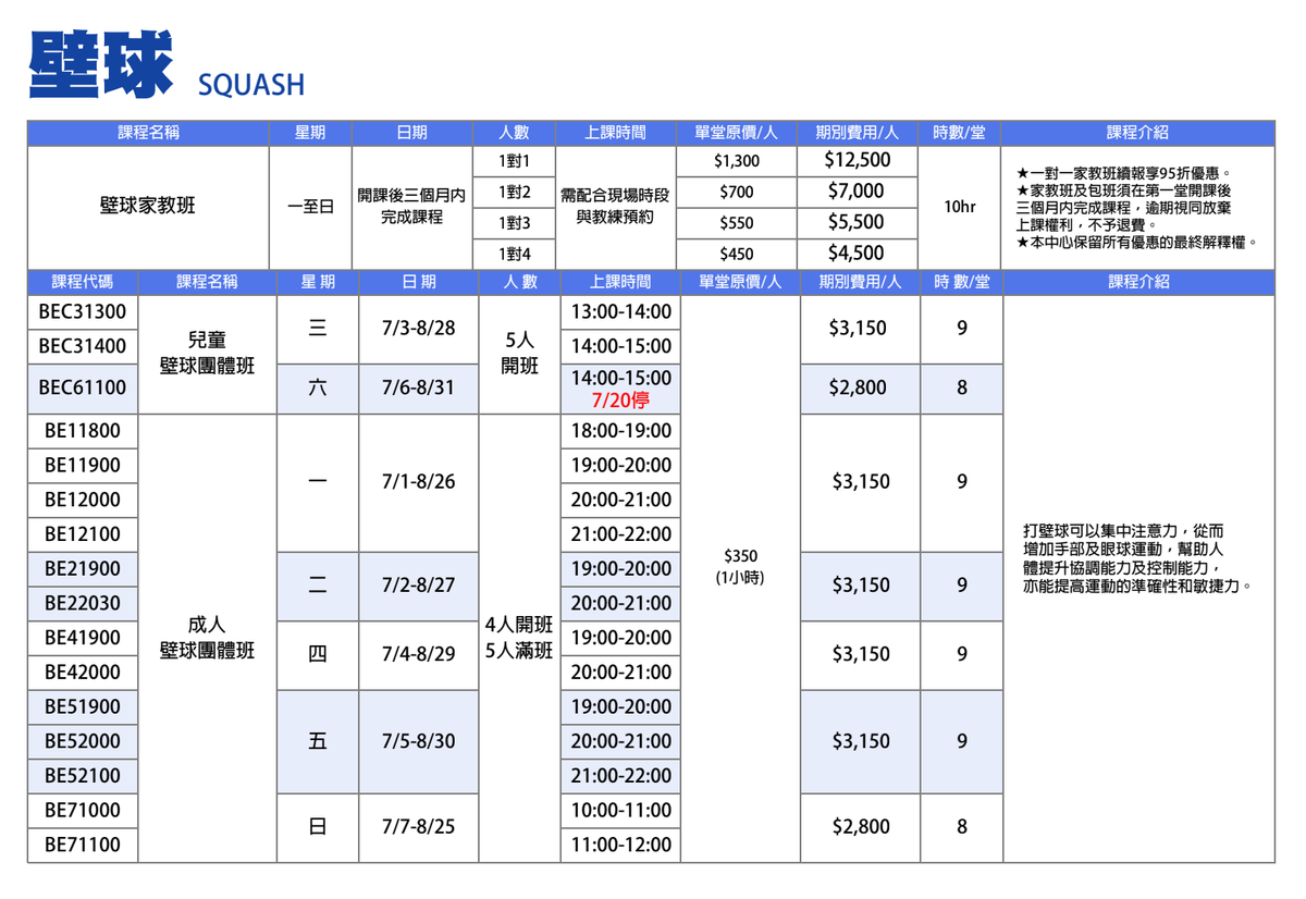 板橋國民運動中心7月至8月壁球課程