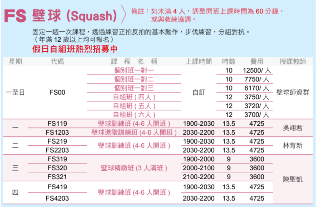 永和國民運動中心7月至8月壁球課程