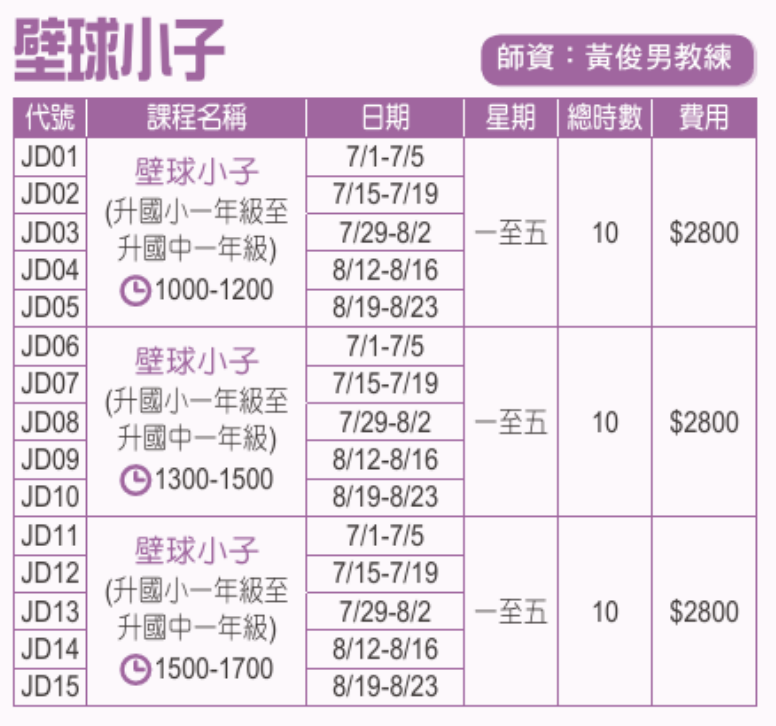 汐止國民運動中心7月至8月壁球課程