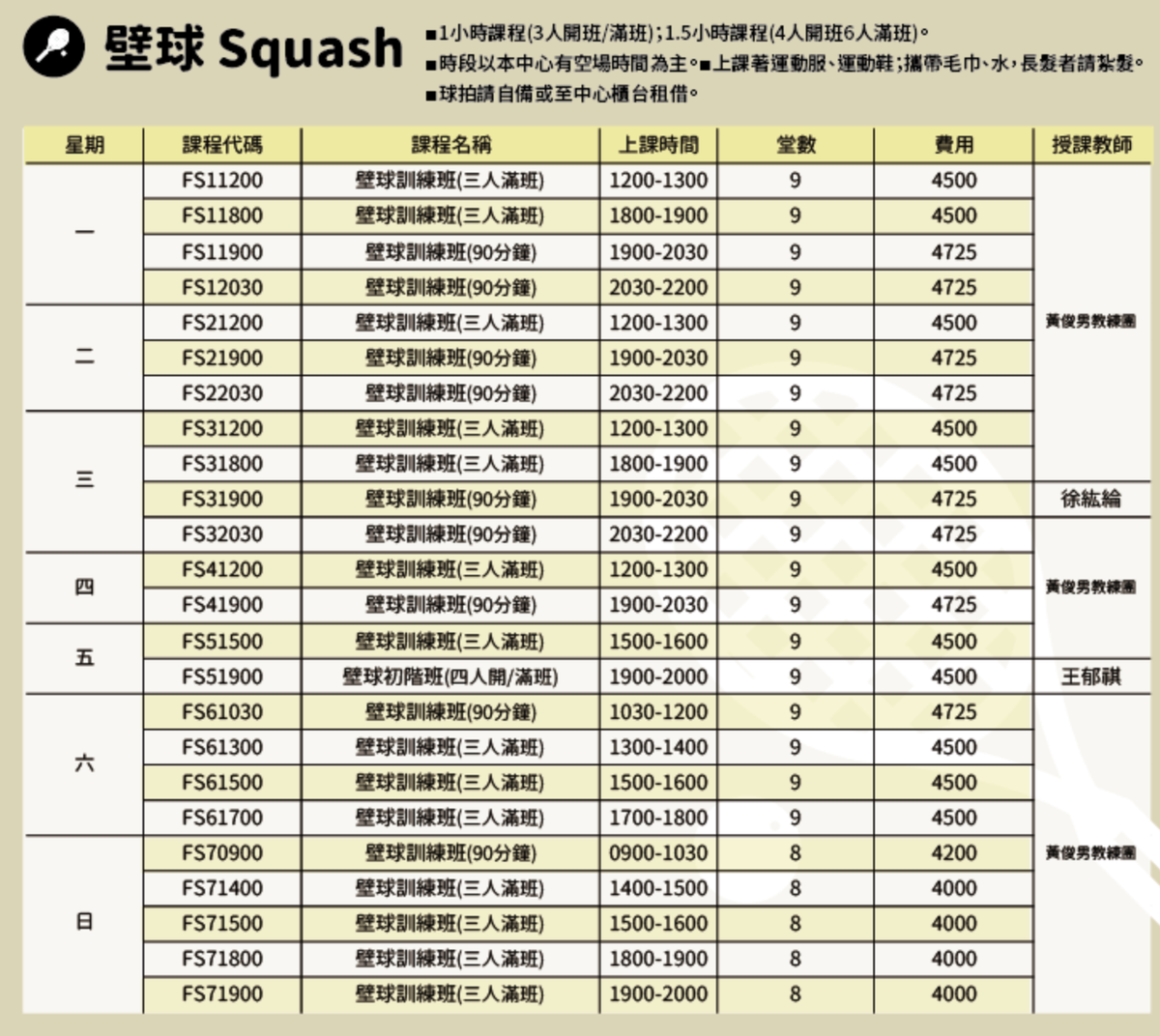 信義運動中心7月至8月壁球課程