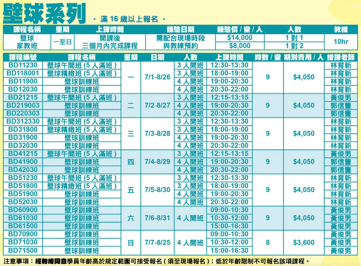 大安運動中心7月至8月壁球課程