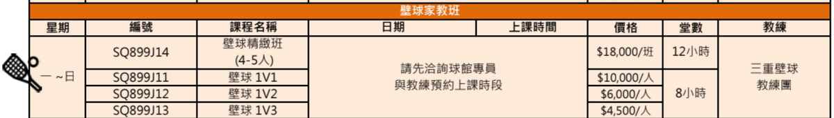 三重國民運動中心9月至10月壁球課程