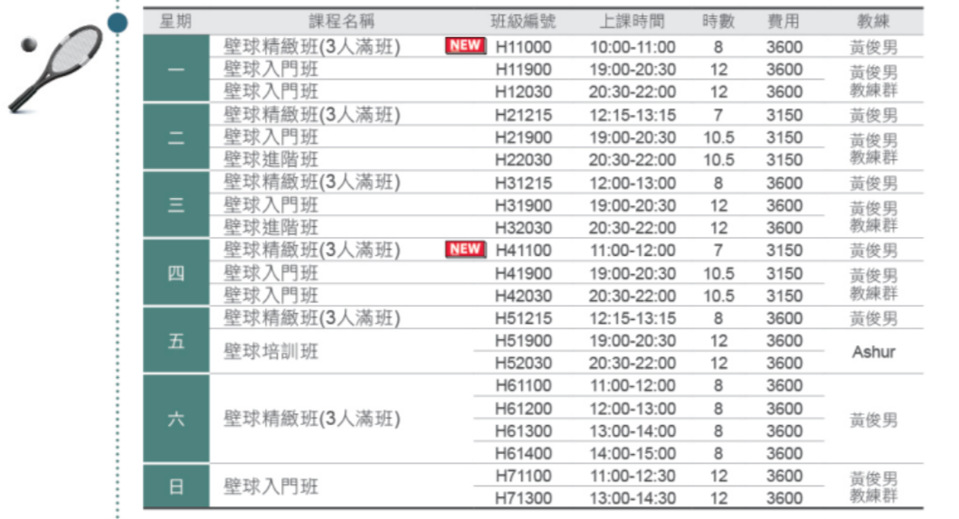 南港運動中心9月至10月壁球課程