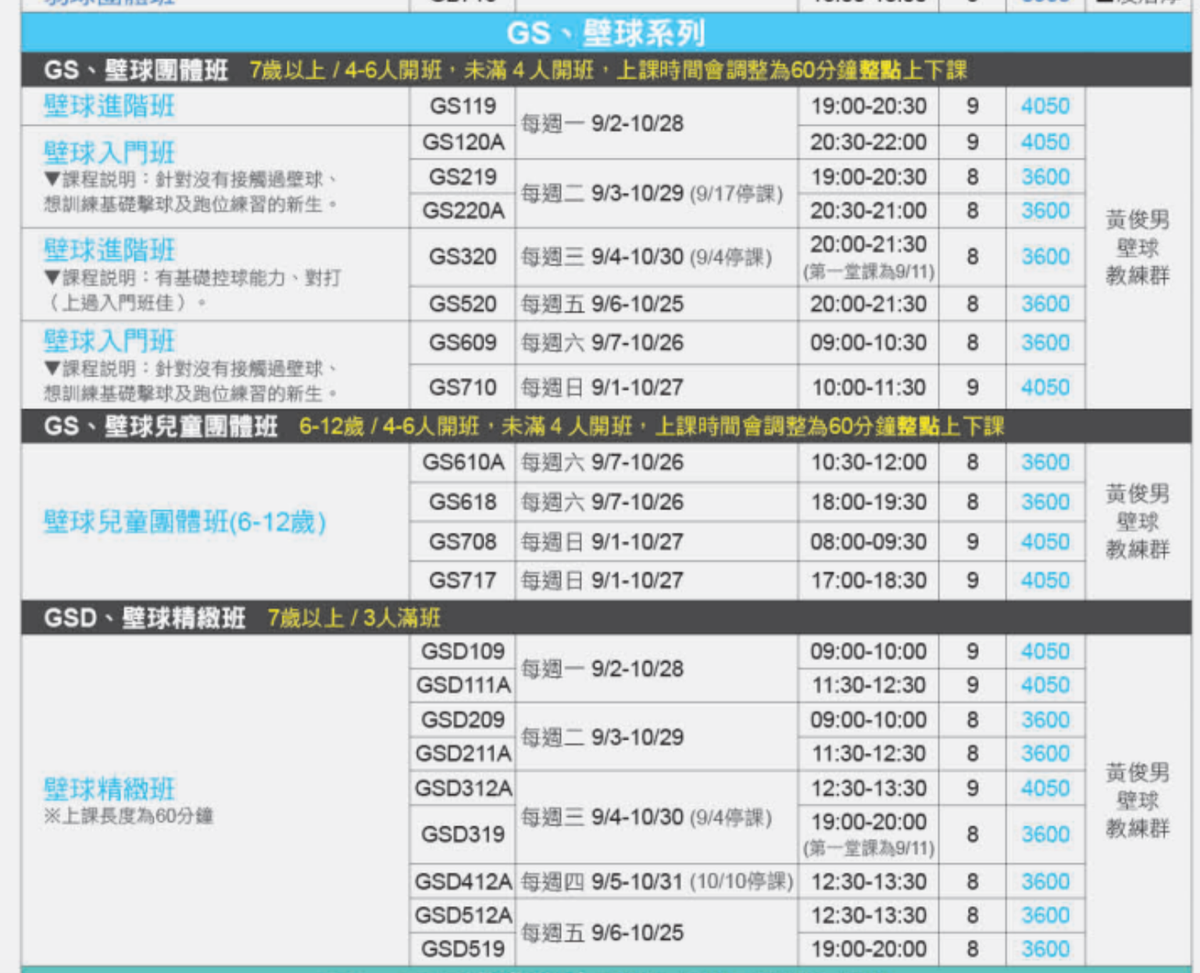 林口國民運動中心9月至10月壁球課程