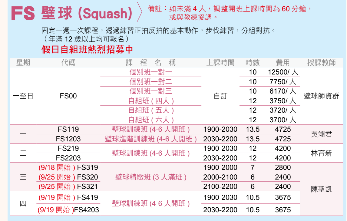 永和國民運動中心9月至10月壁球課程