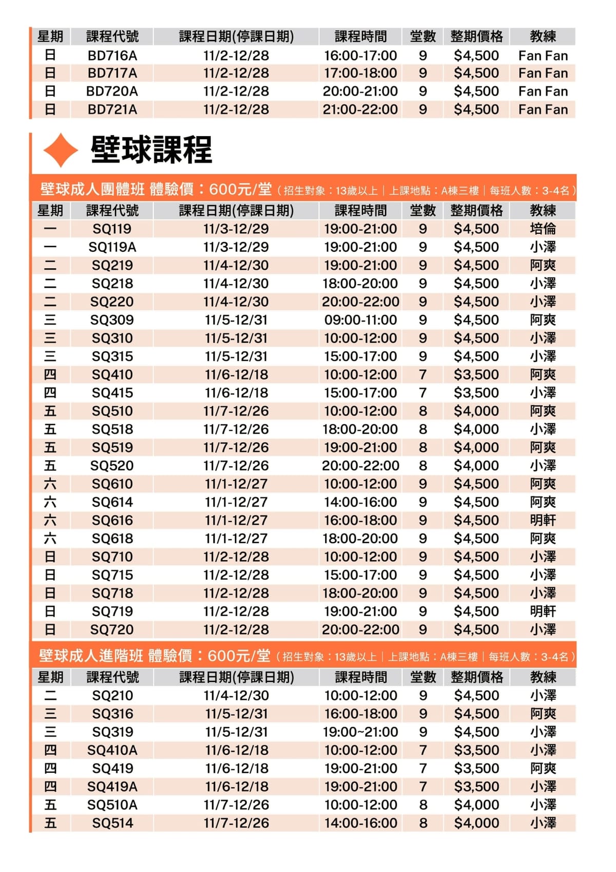 長春國民暨兒童運動中心11-12月壁球課程
