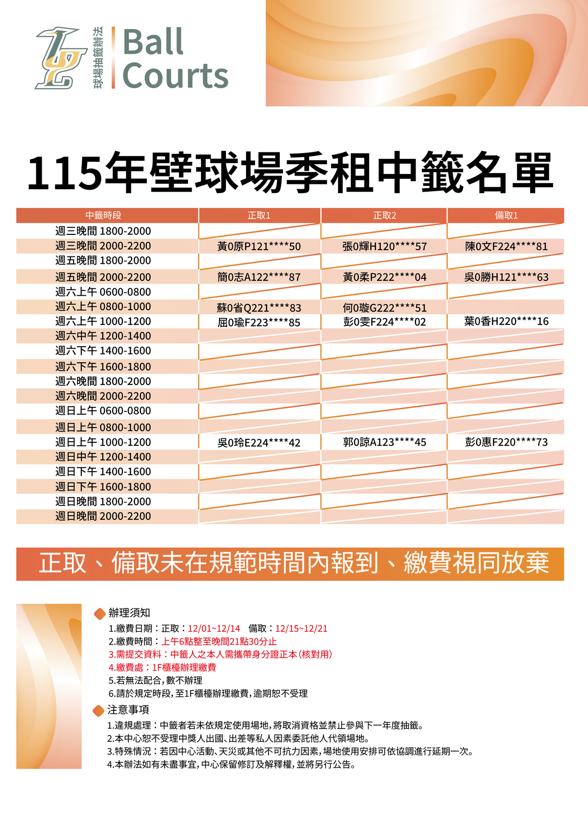 蘆洲運動中心2026年壁球場季租中籤名單